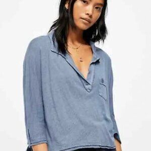 NWT! Free People Cool Girl Henley Polo | Distressed Blue Off-Duty Edge